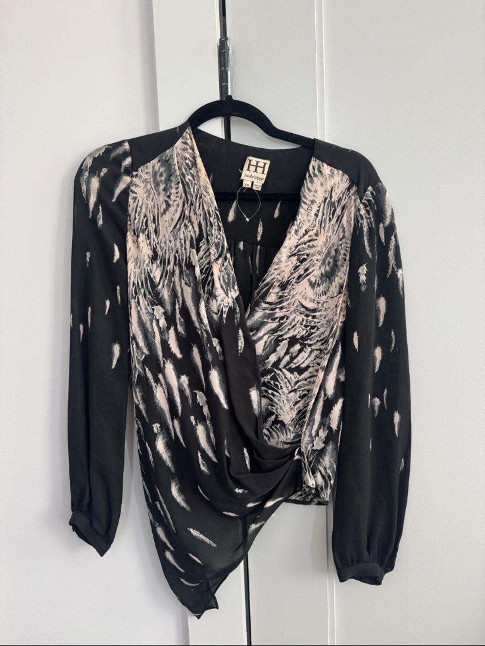 Haute Hippie Black & Cream Feather-Print Draped Blouse